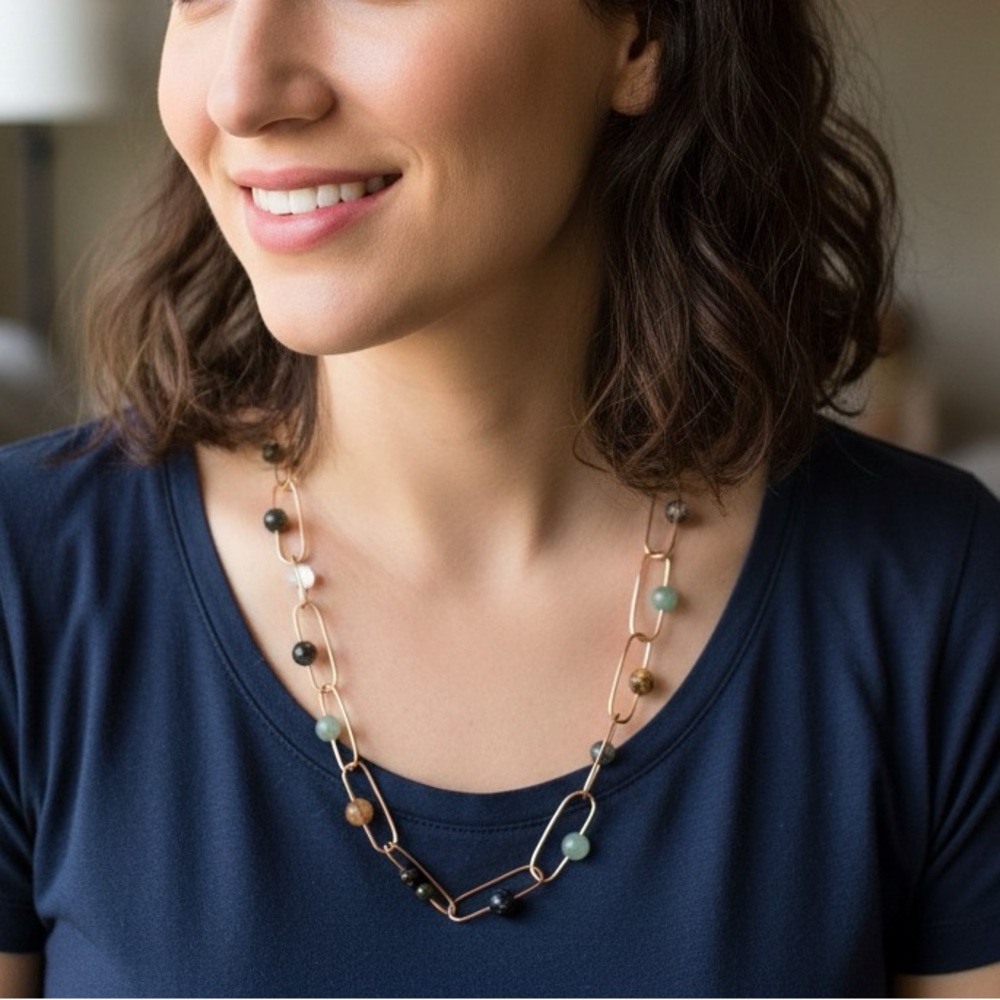 Handmade Copper & Gemstone Link Necklace - 28”